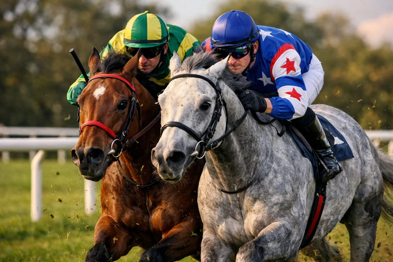 Twee paarden naast elkaar tijdens een spannende race
