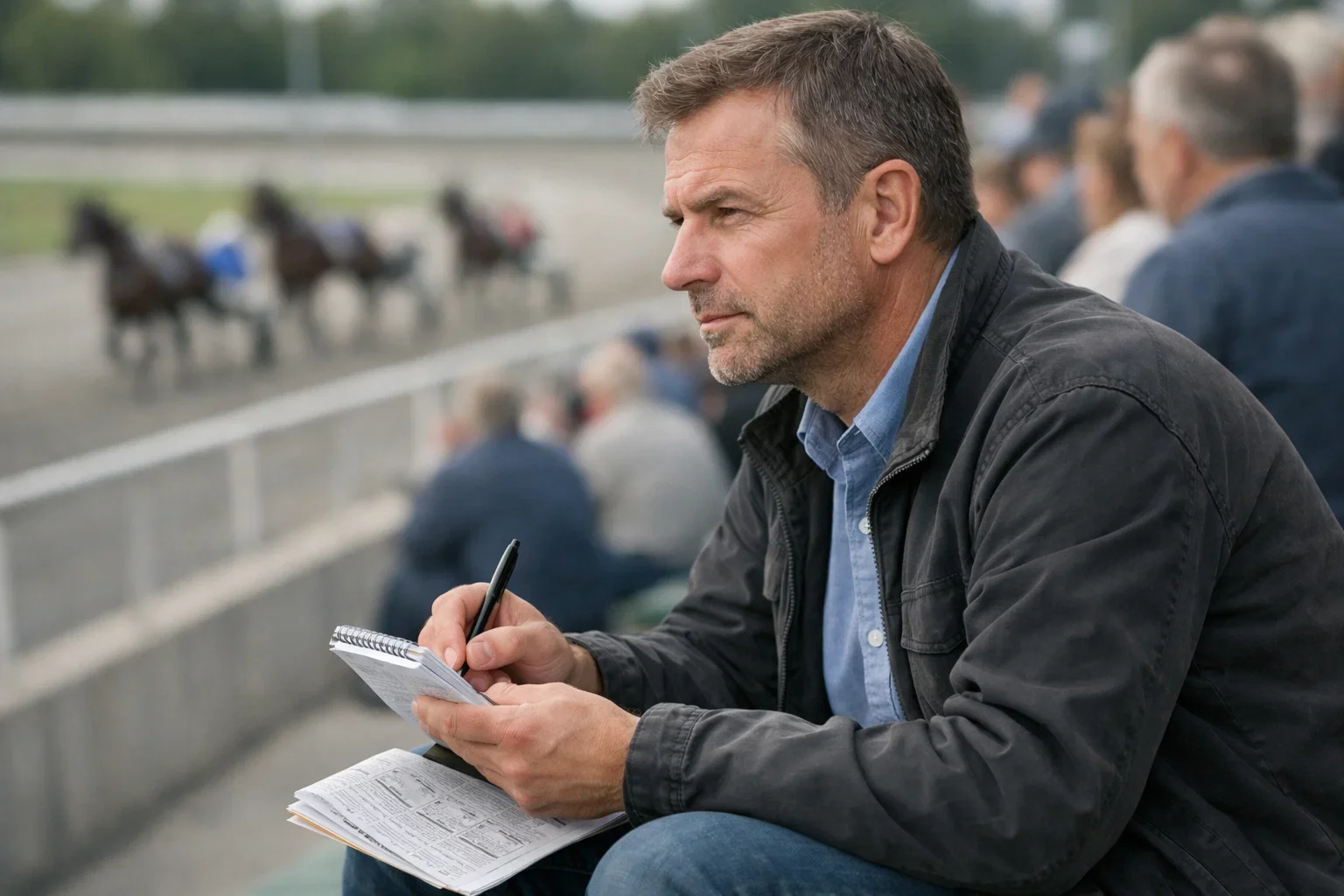 Persoon die aantekeningen maakt bij een paardenrace