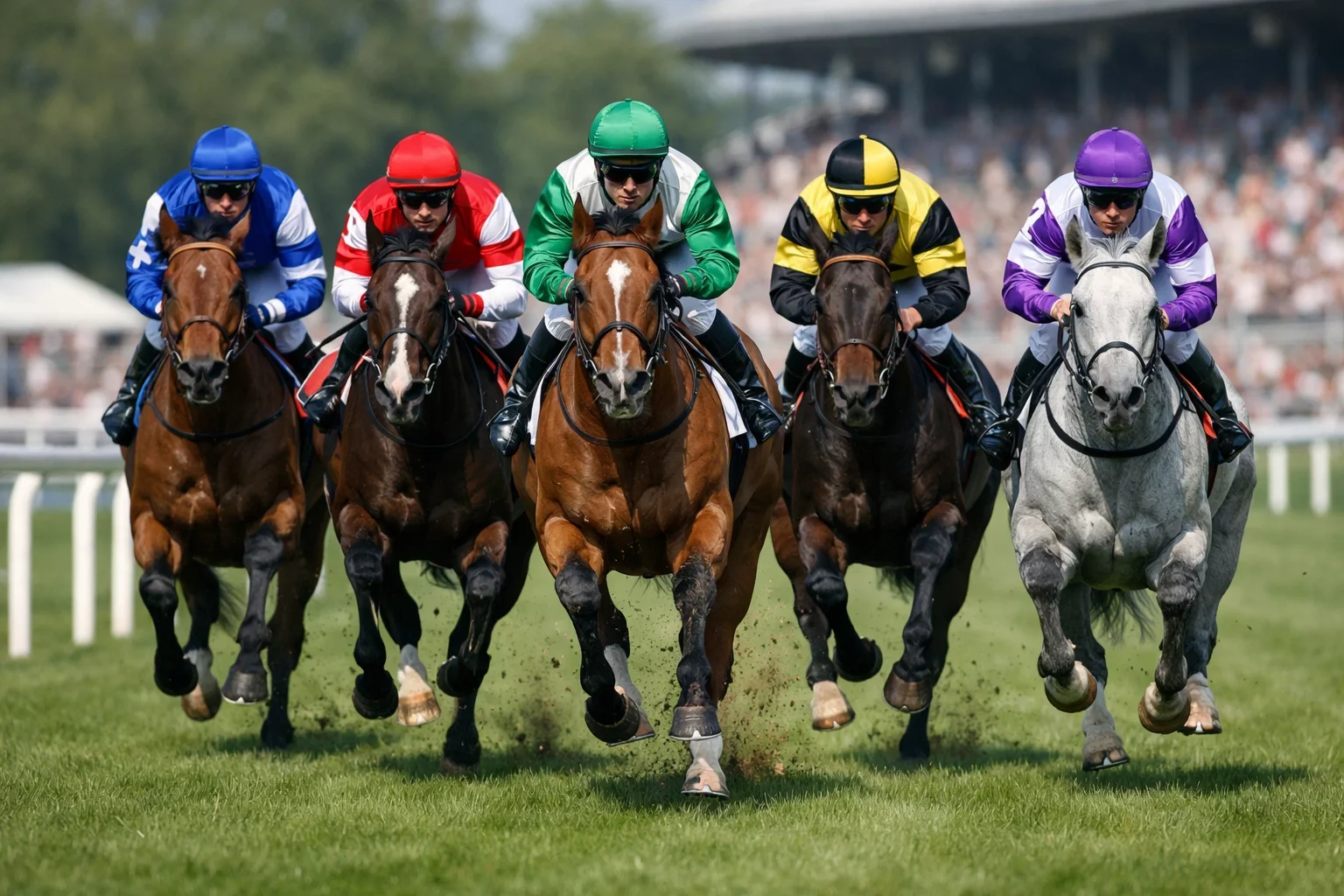 Paardenrace op een zonnige renbaan met publiek