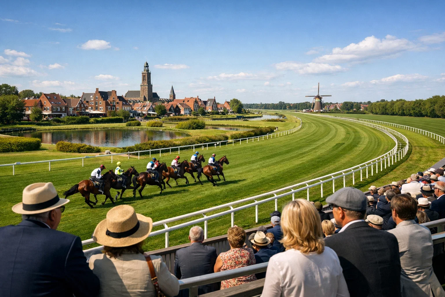 Nederlandse renbaan met toeschouwers op een zonnige dag
