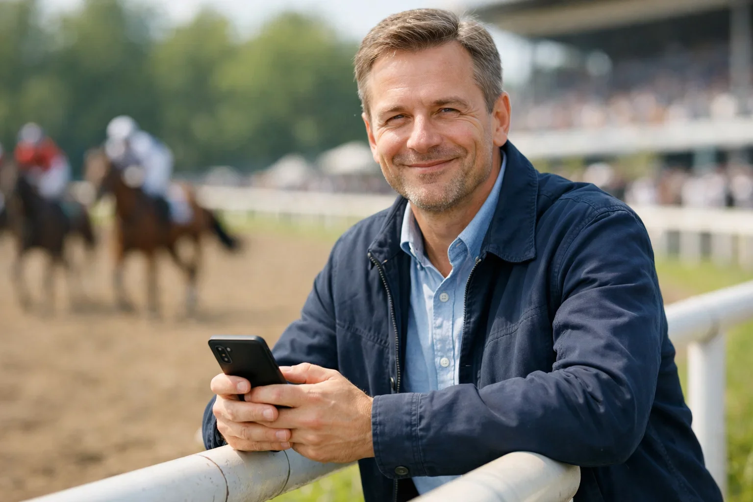 Tevreden gokker bij de renbaan met smartphone