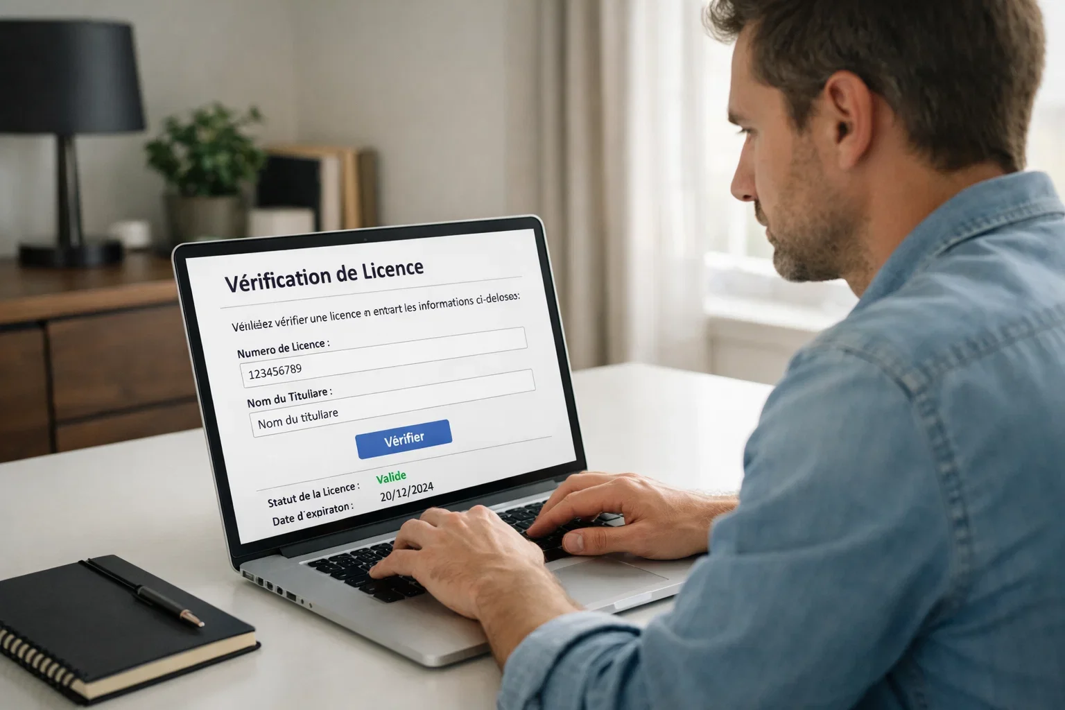 Persoon controleert vergunning op laptop scherm