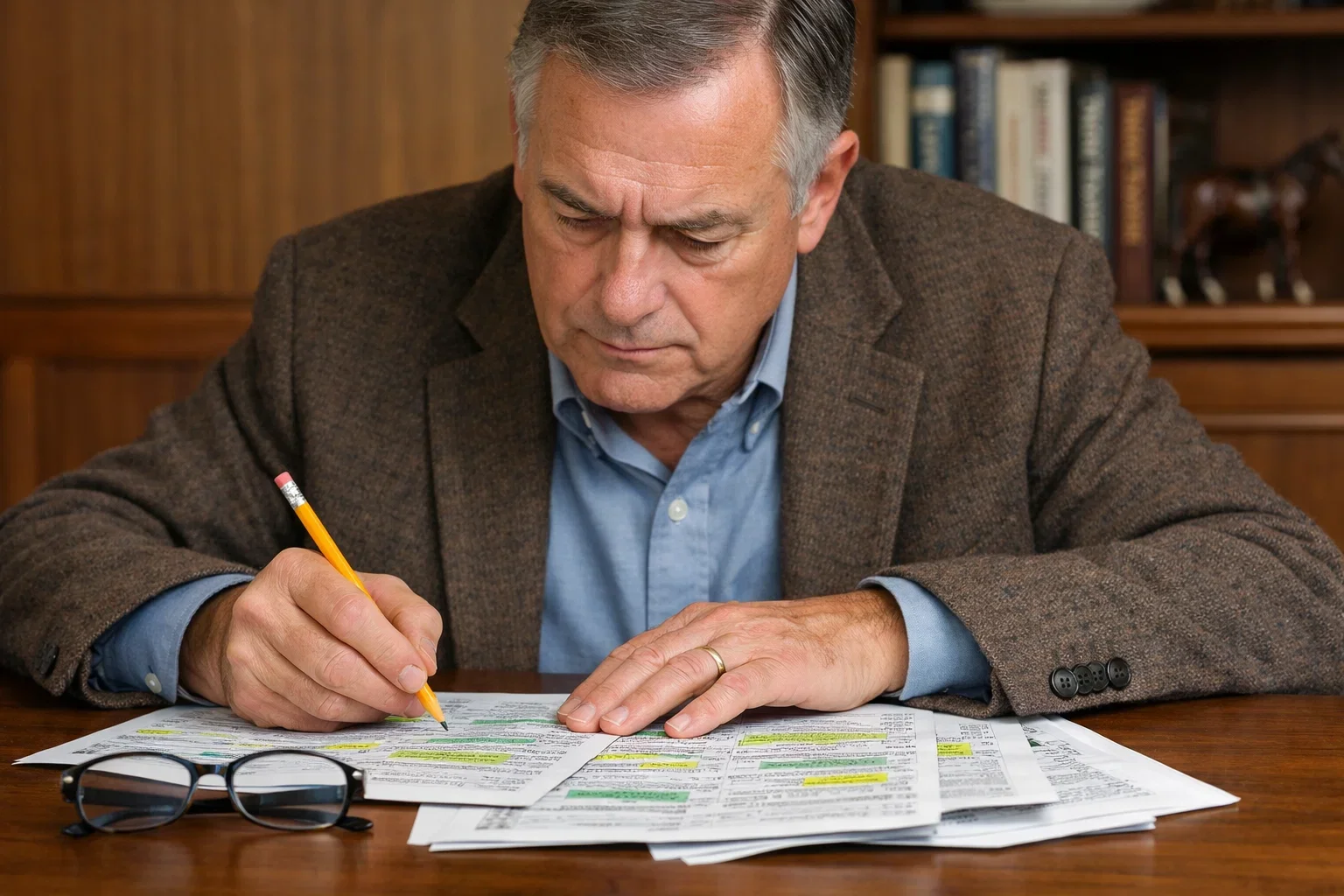 Geconcentreerde paardenwedder analyseert racekaart