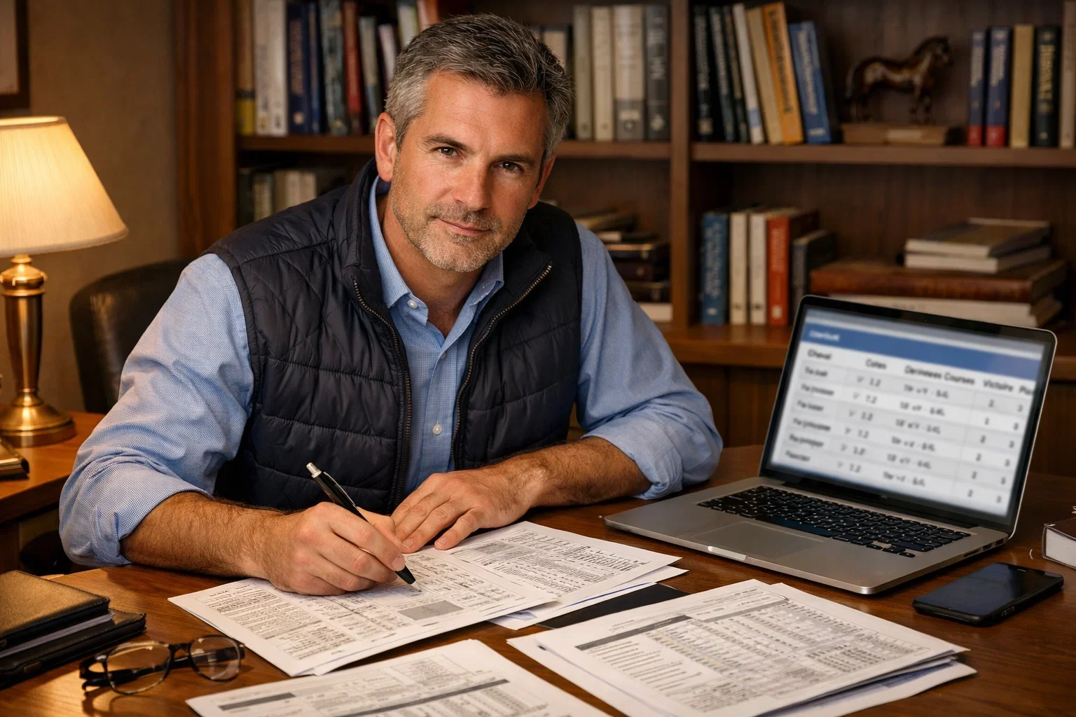 Ervaren gokker bestudeert racekaarten aan bureau