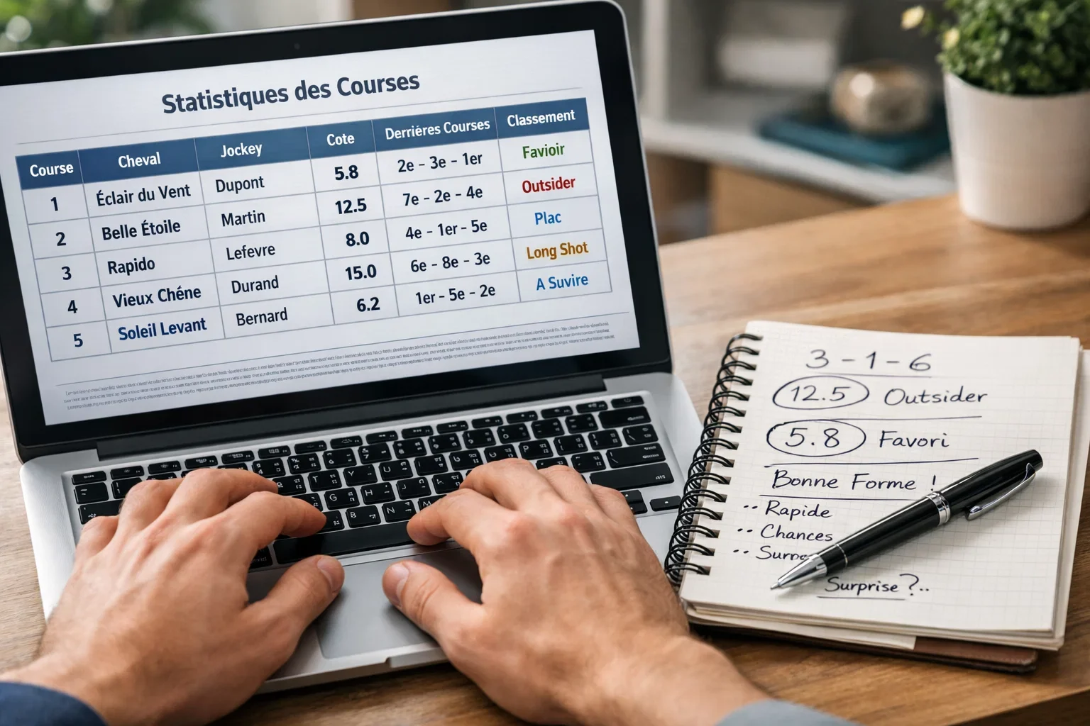 Laptop met paardenrace statistieken en notities