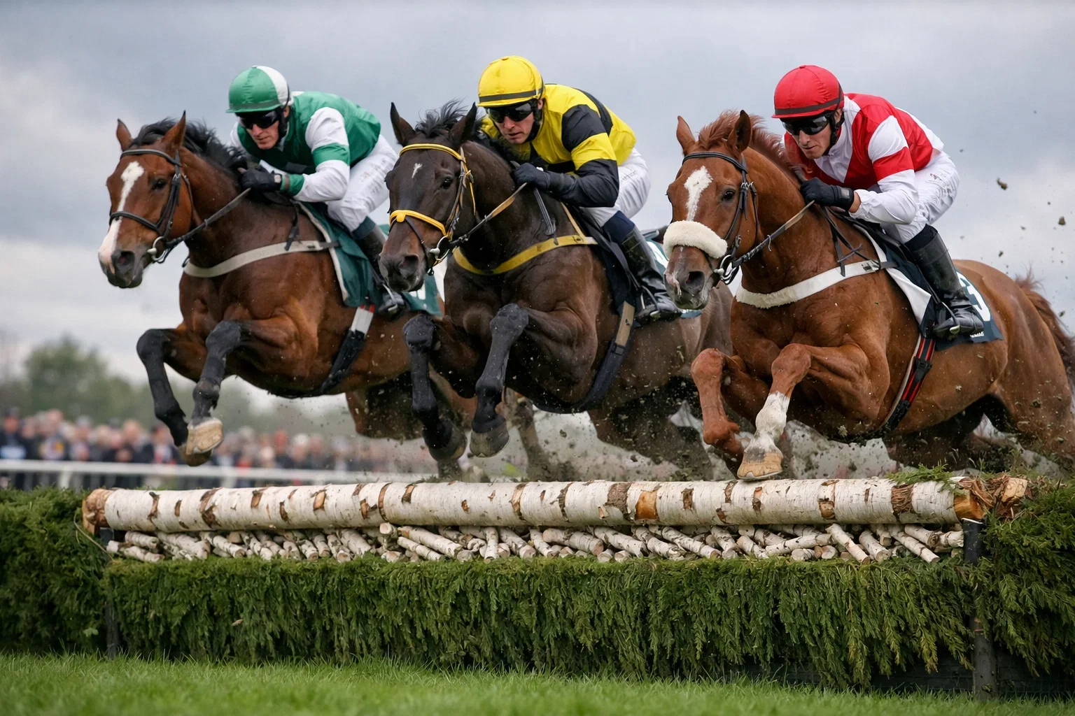 Paarden springen over hindernis op groene grasbaan