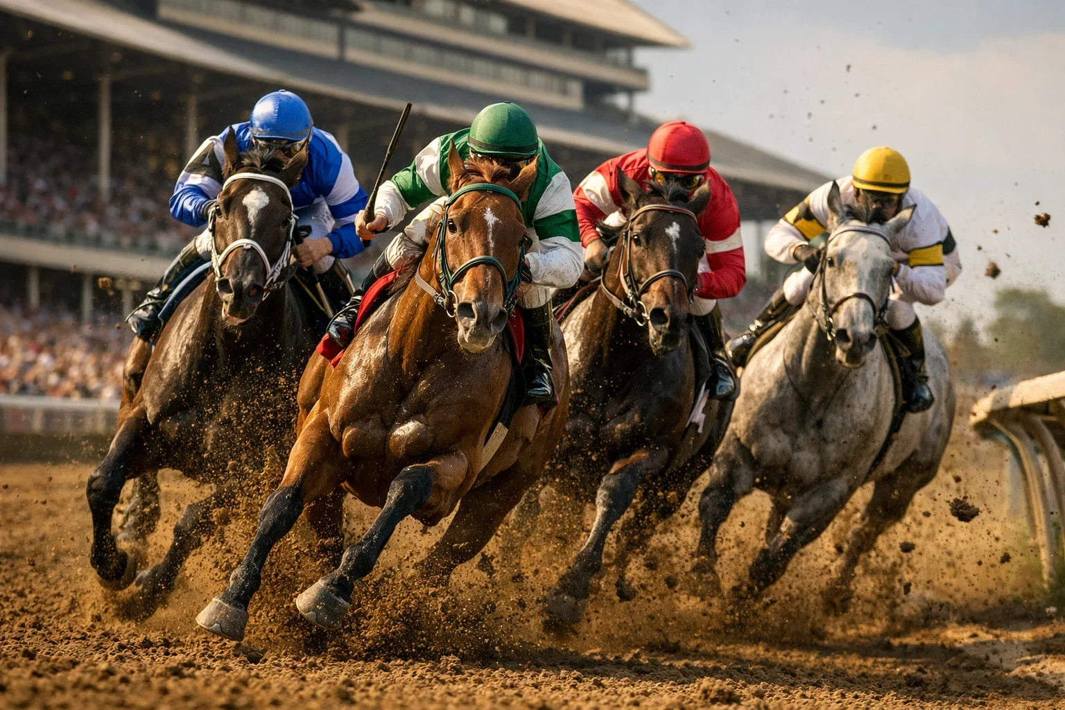 Paardenrace op zandbaan met tribune op achtergrond