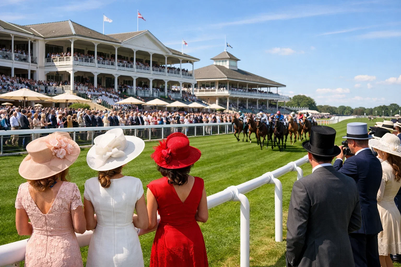 Elegante renbaan met toeschouwers in formele kleding