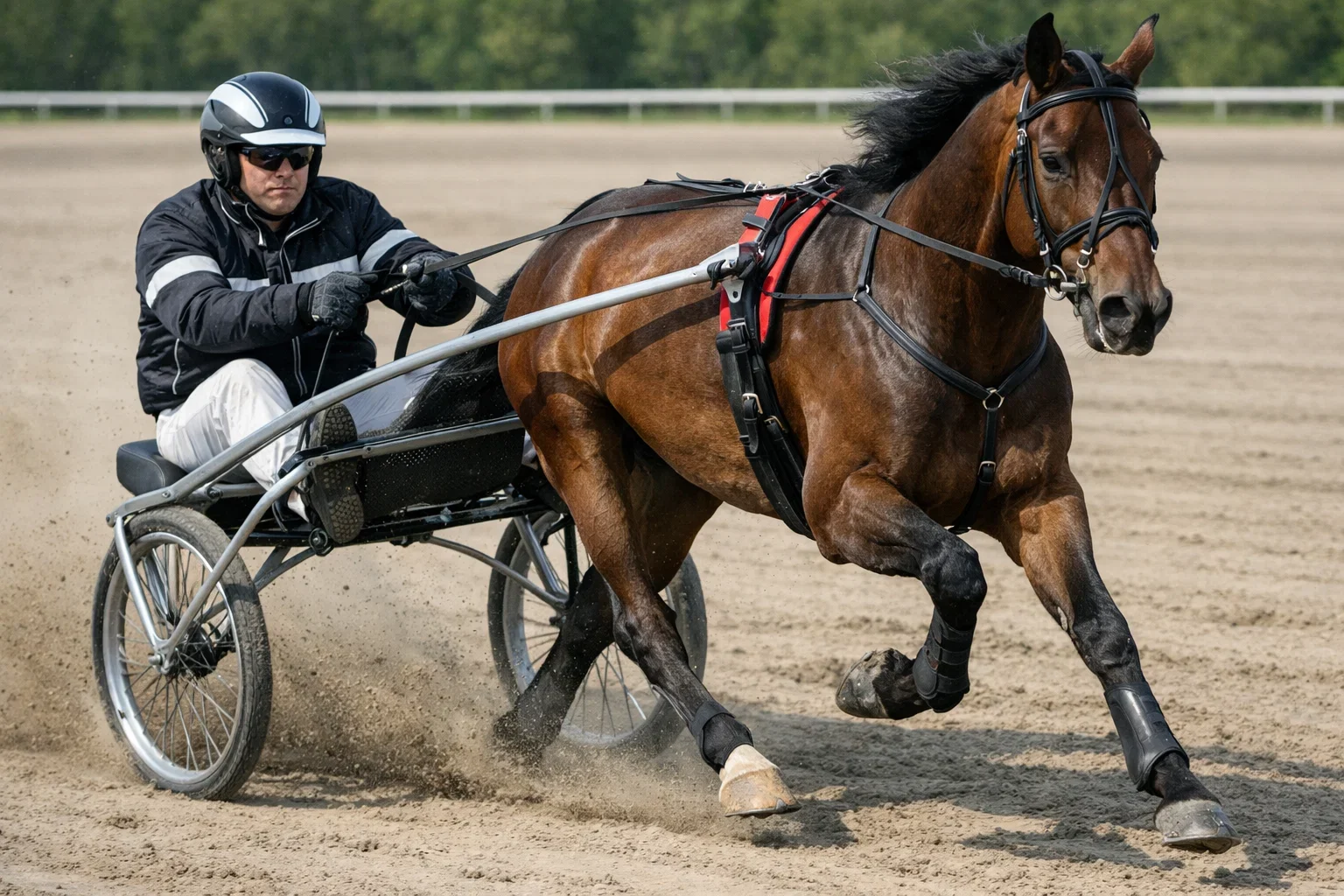 Pikeur in sulky tijdens drafrace op zandbaan