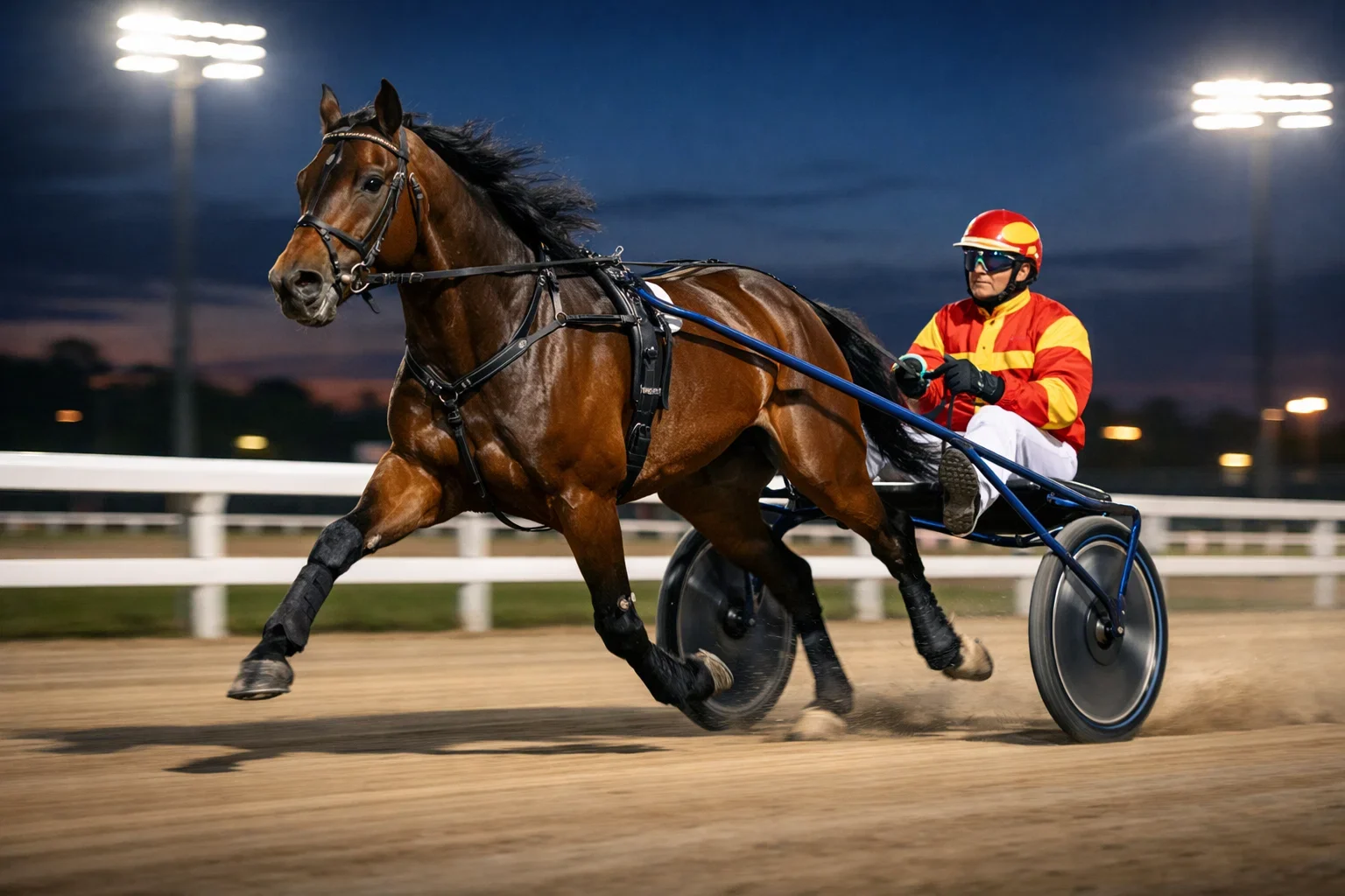 Draver met sulky op verlichte drafbaan