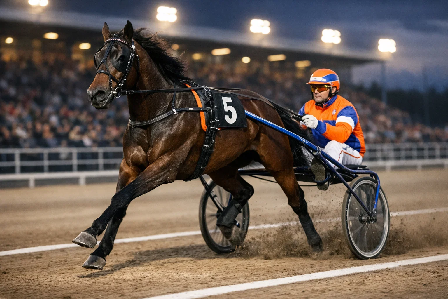 Draver met sulky en pikeur tijdens een drafrace op een zandbaan
