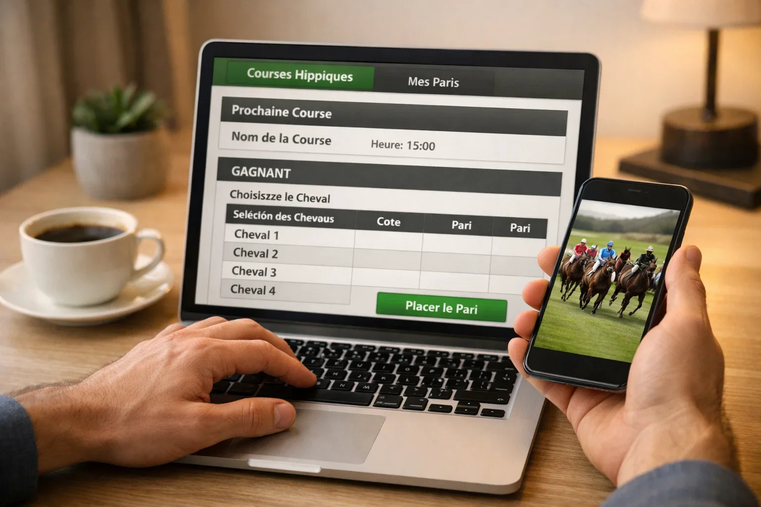 Persoon die op laptop en smartphone online weddenschappen plaatst