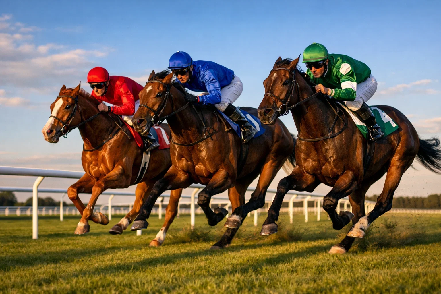 Paardenrace met jockeys die de finishlijn naderen op een grasbaan