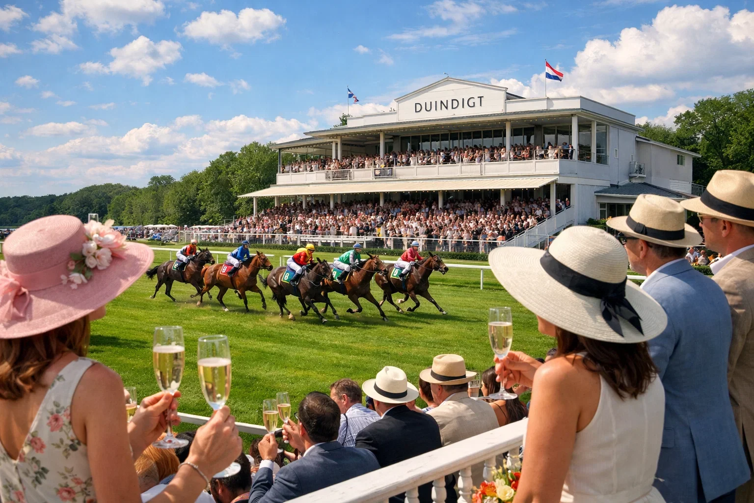 Publiek op de tribune van Renbaan Duindigt tijdens een koersdag